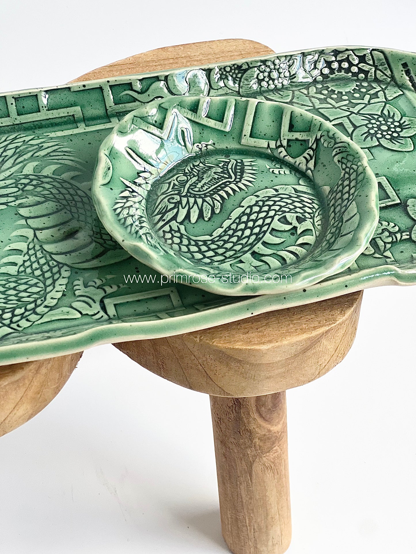 Ceramic 2pc Dragon Sushi Tray with Chopsticks (Jade)