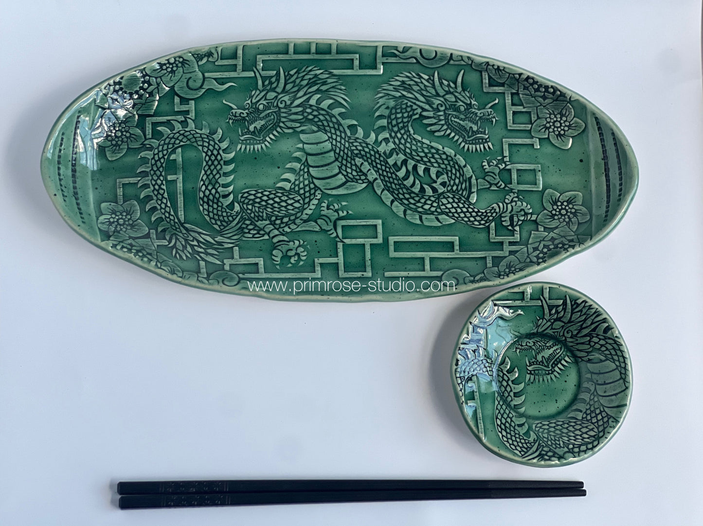 Ceramic 2pc Dragon Sushi Tray with Chopsticks (Jade)
