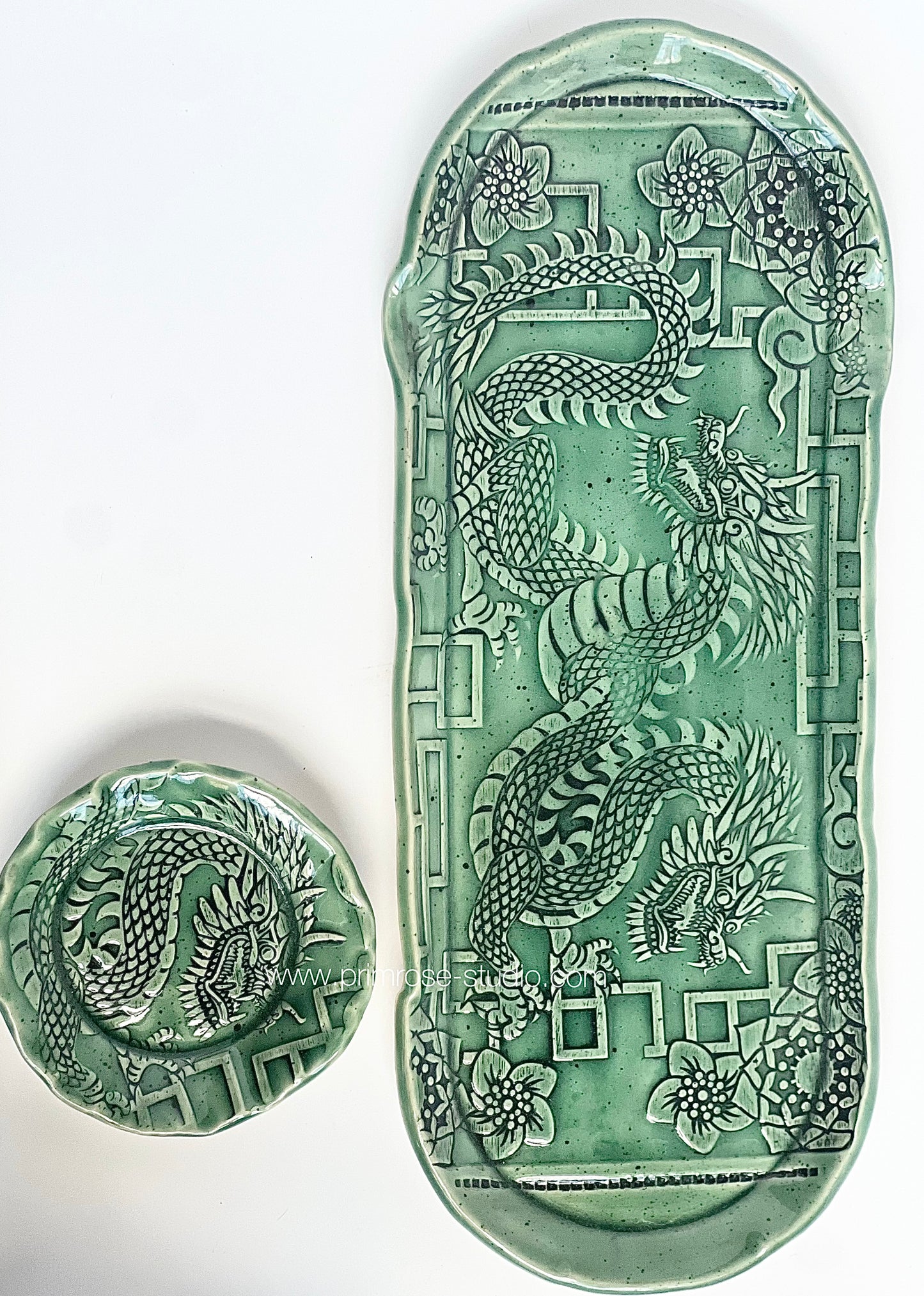 Ceramic 2pc Dragon Sushi Tray with Chopsticks (Jade)