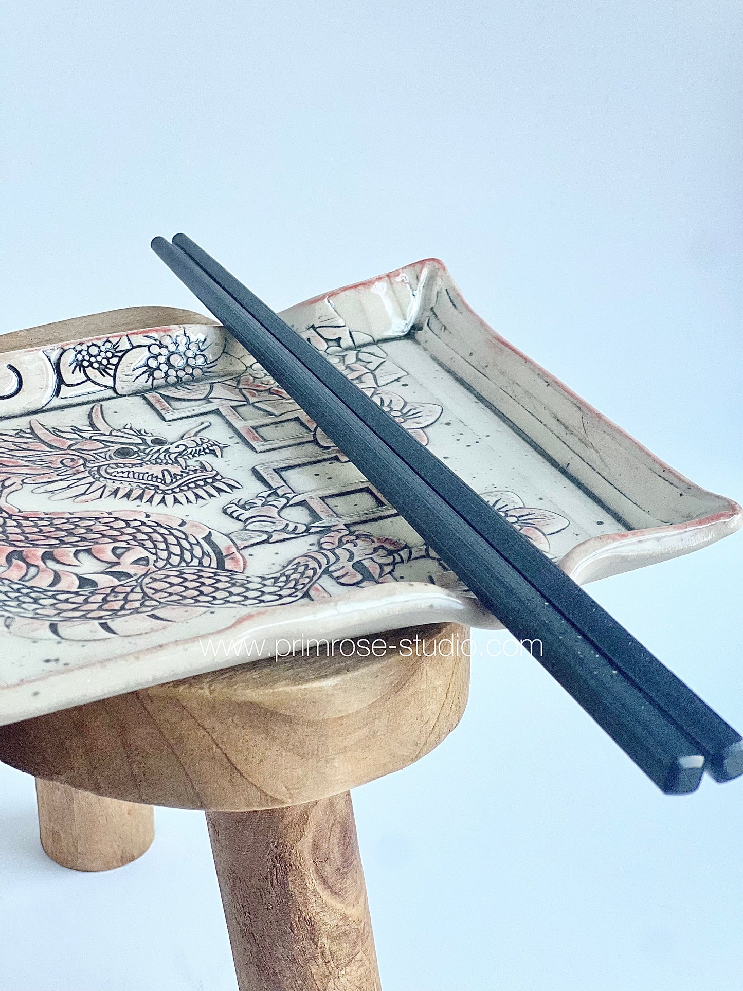 Ceramic 2pc Dragon Sushi Tray with Chopsticks (Red Accents)