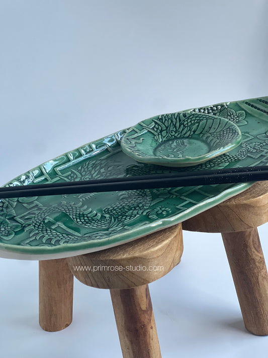 Ceramic 2pc Dragon Sushi Tray with Chopsticks (Jade)