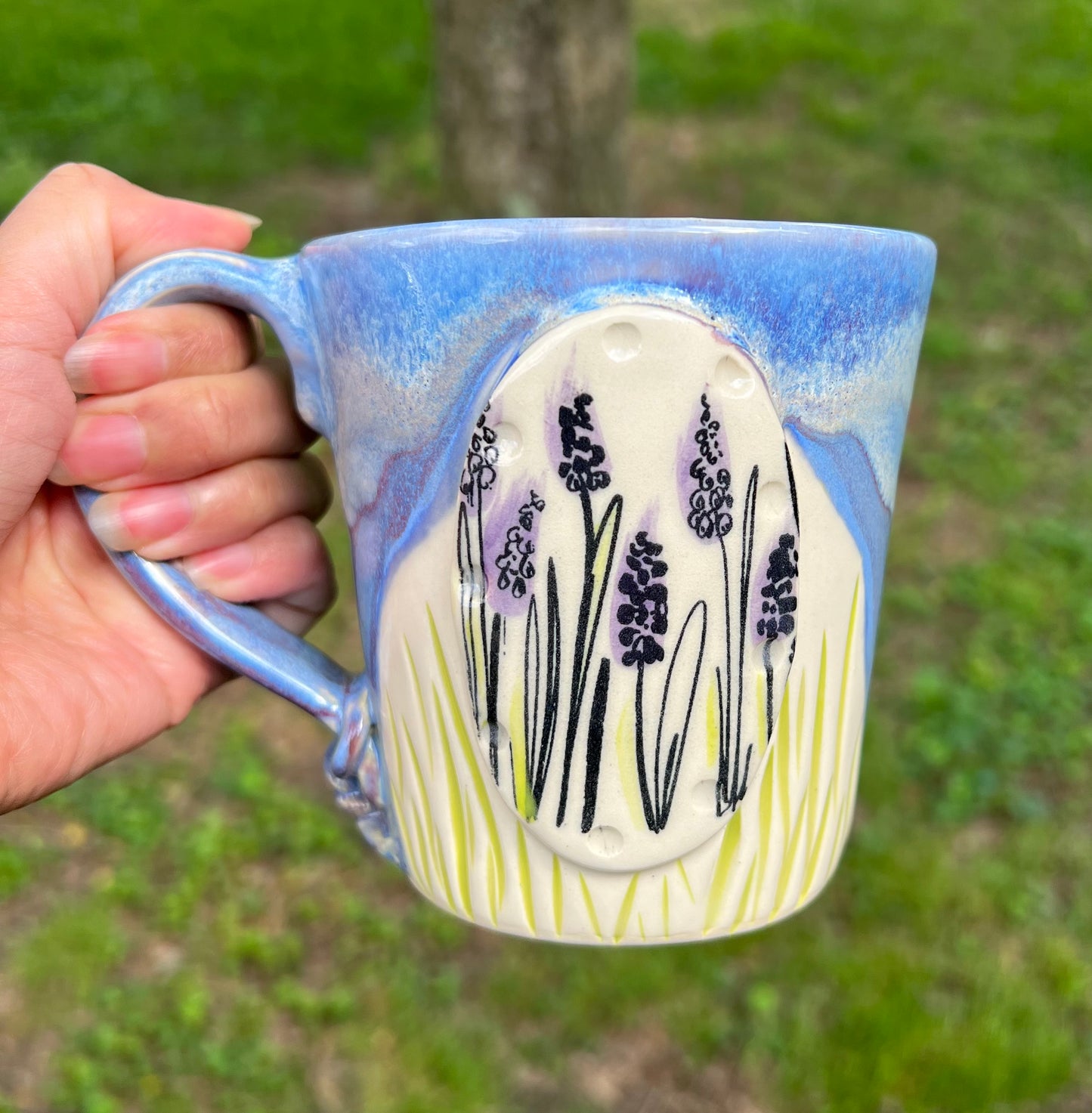 Ceramic Hand Carved Spring Lavender Mug (L-6)
