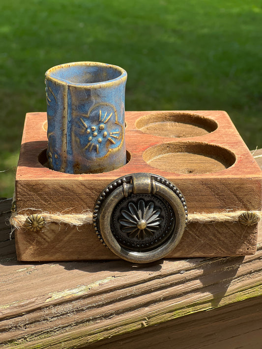 Wooden Shot Glass Holder (One Sky Blue Shot Glass Included)